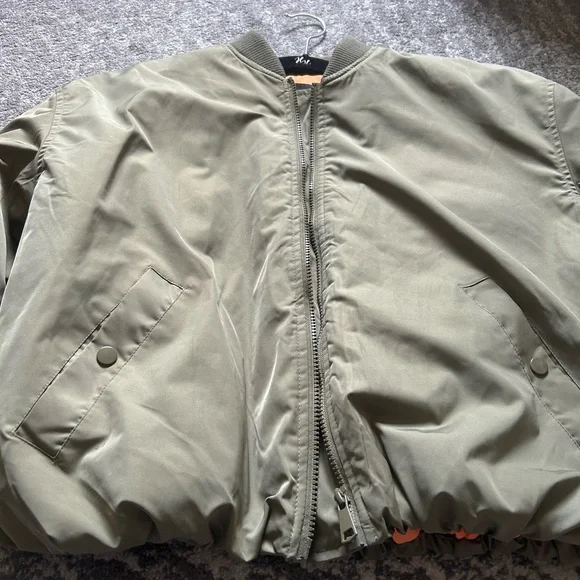 Steve Madden Olive Bomber Jacket with Orange Lining - Picture 4 of 4